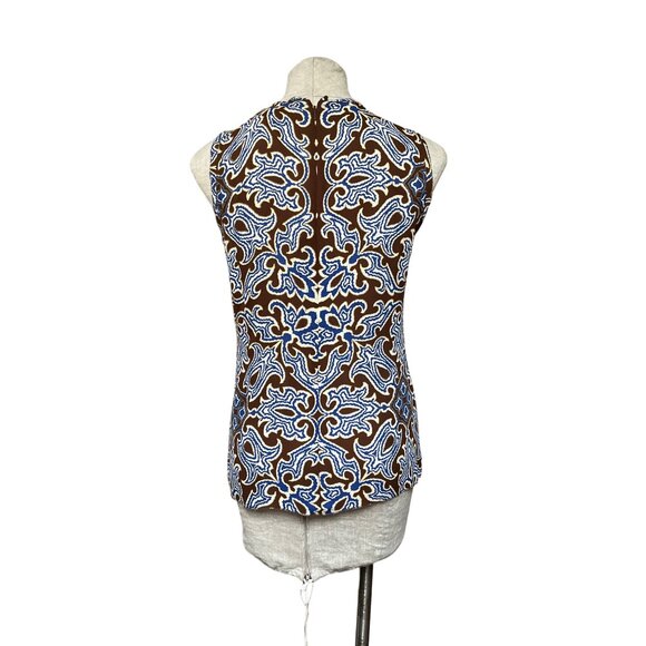 Tory Burch Carolinna Brown Silk Sleeveless Tuxedo Blouse Pleated Ruffle Front - Picture 3 of 10